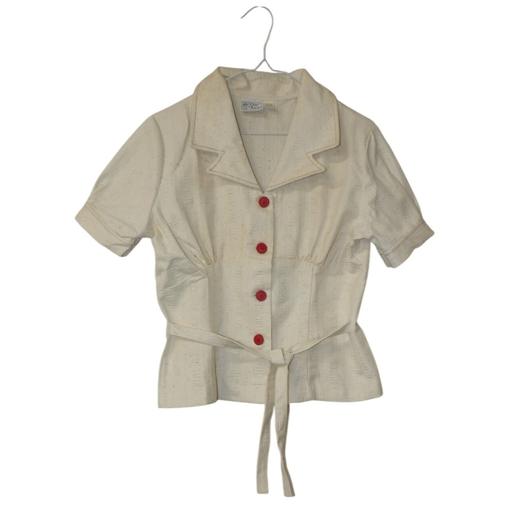 Old Town Cream Textured Short Sleeve Belted Blouse Top Women Size 11